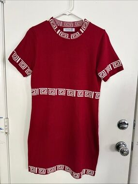 WOMENS STRETCHY BODY CON  Short-Sleeve Mini Dress with White Greek Key Trim
